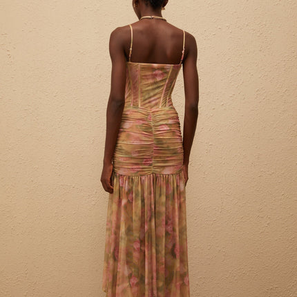 Fleur Green Floral Print Mesh Maxi Dress