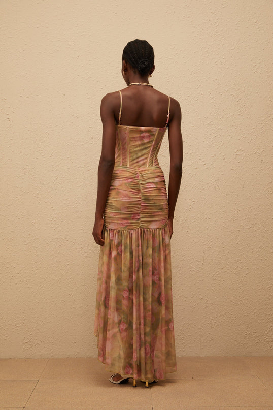 Fleur Green Floral Print Mesh Maxi Dress