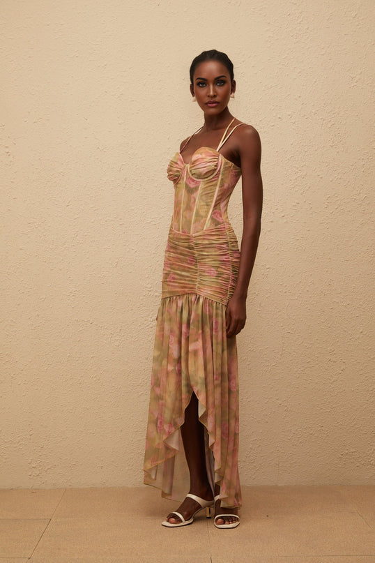 Fleur Green Floral Print Mesh Maxi Dress