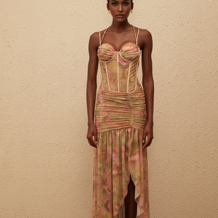 Fleur Green Floral Print Mesh Maxi Dress