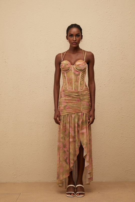 Fleur Green Floral Print Mesh Maxi Dress