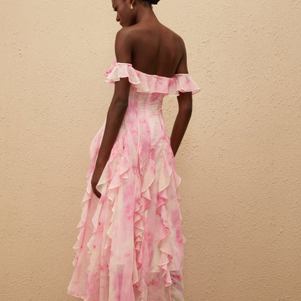 Fleur Pink Ruffled Floral Print Maxi Dress