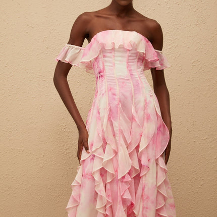 Fleur Pink Ruffled Floral Print Maxi Dress