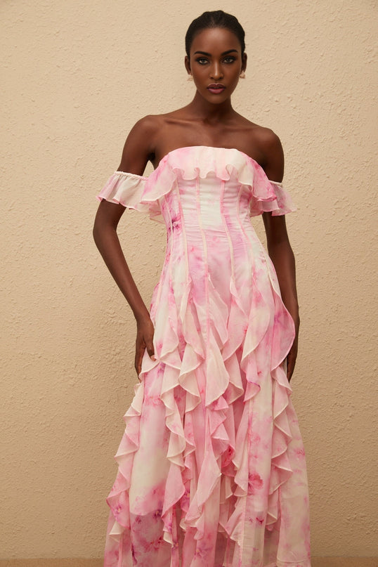 Fleur Pink Ruffled Floral Print Maxi Dress