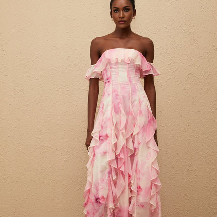 Fleur Pink Ruffled Floral Print Maxi Dress