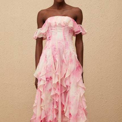 Fleur Pink Ruffled Floral Print Maxi Dress