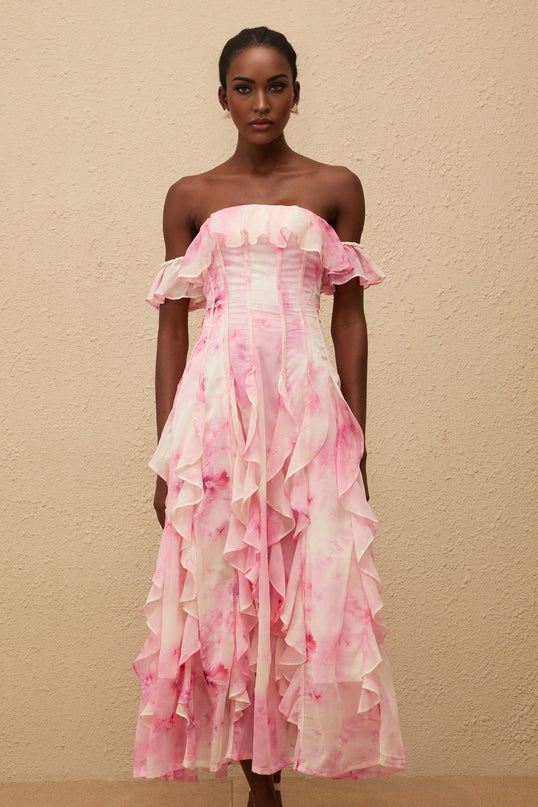 Fleur Pink Ruffled Floral Print Maxi Dress