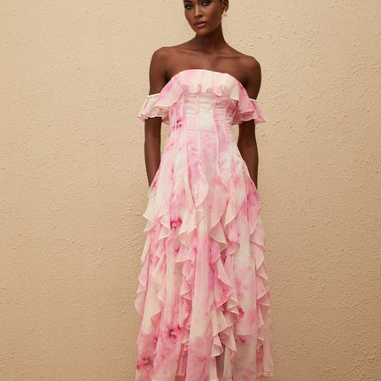Fleur Pink Ruffled Floral Print Maxi Dress