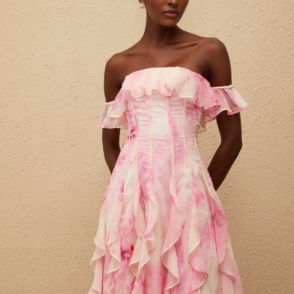 Fleur Pink Ruffled Floral Print Maxi Dress