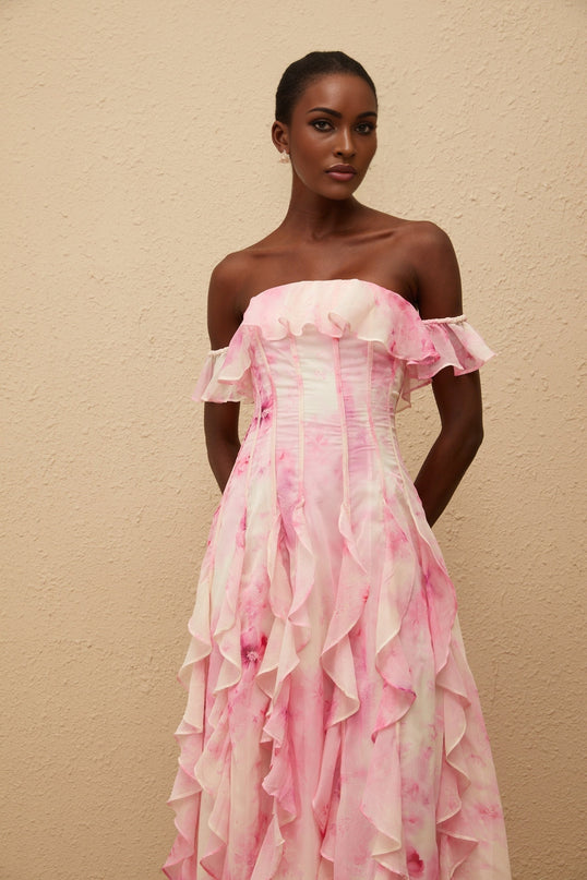 Fleur Pink Ruffled Floral Print Maxi Dress
