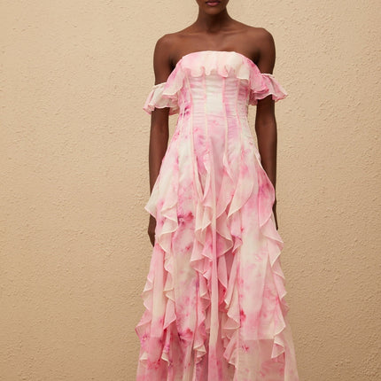 Fleur Pink Ruffled Floral Print Maxi Dress