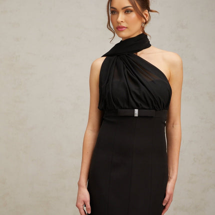 Flora Black Crystal Embellished One-Shoulder Midi Dress