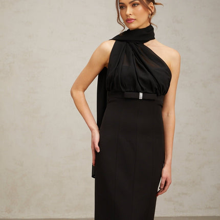Flora Black Tulle-paneled Midi Dress with Crystal Embellishments