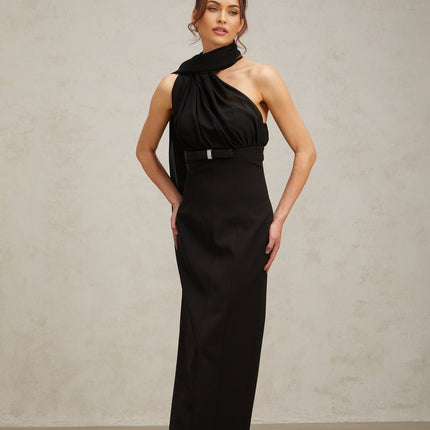 Flora Black Tulle-paneled Midi Dress with Crystal Embellishments