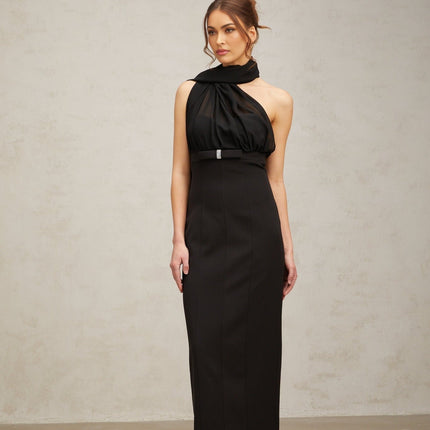 Flora Black Tulle-paneled Midi Dress
