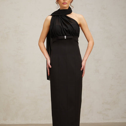 Flora Black Tulle-paneled Midi Dress with Crystal Embellishments