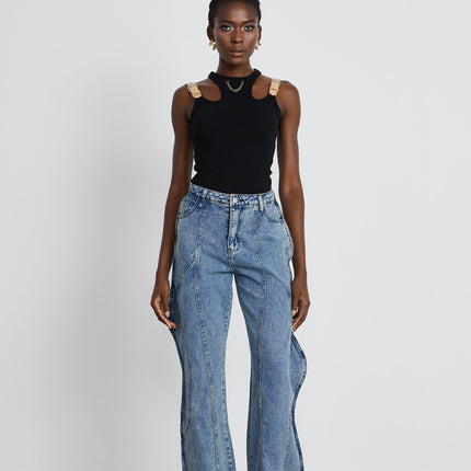 Flora Blue High Waisted Asymmetric Wide Leg Cotton Jeans