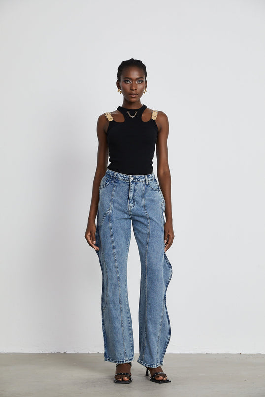 Flora Blue High Waisted Asymmetric Wide Leg Cotton Jeans