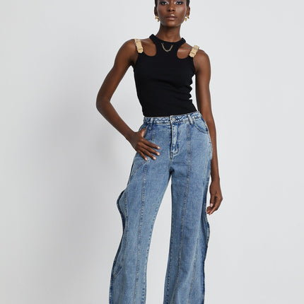 Flora Blue High Waisted Wide Leg Cotton Jeans