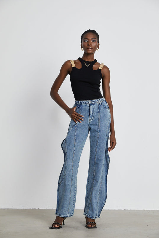 Flora Blue High Waisted Wide Leg Cotton Jeans