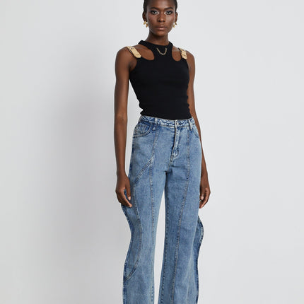 Flora Blue High Waisted Wide Leg Jeans 100 Percent Cotton Asymmetric Slouch Fit Belt Loops Button Fastening