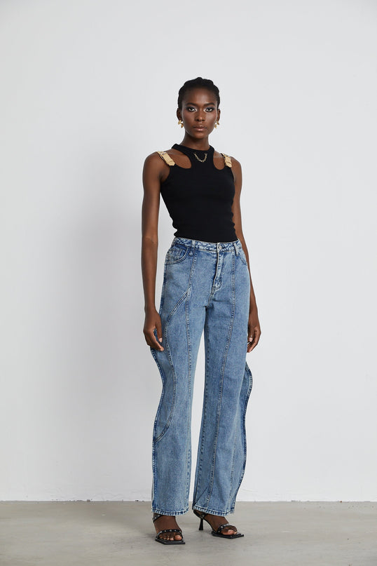 Flora Blue High Waisted Wide Leg Jeans 100 Percent Cotton Asymmetric Slouch Fit Belt Loops Button Fastening