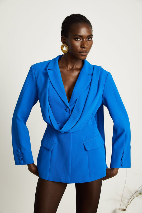 Flora Blue Jacket with Scarf Detail and Notched Lapels