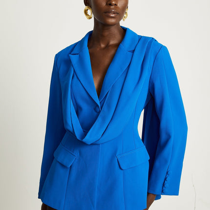 Flora Blue Jacket with Scarf Detail and Notched Lapels
