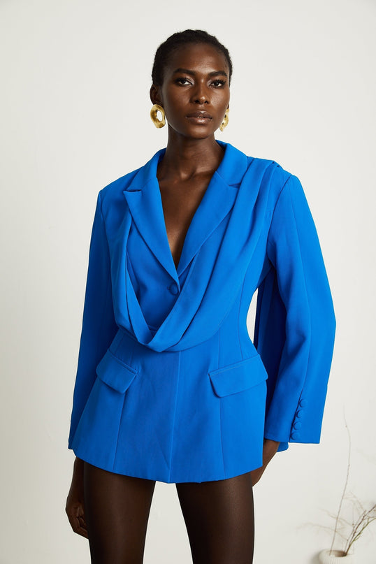 Flora Blue Jacket with Scarf Detail and Notched Lapels