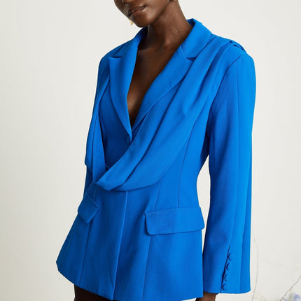Flora Blue Jacket with Scarf Detail and Notched Lapels