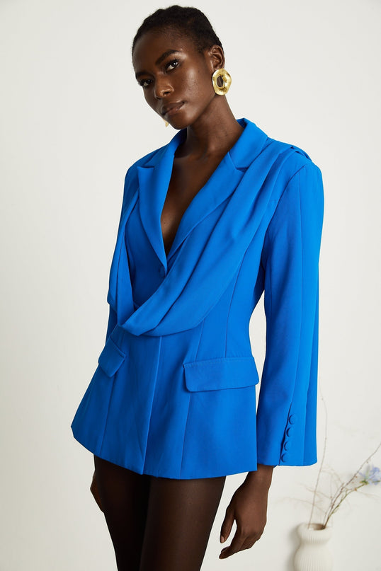 Flora Blue Jacket with Scarf Detail and Notched Lapels