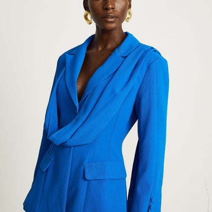 Flora Blue Jacket with Scarf Detail and Notched Lapels