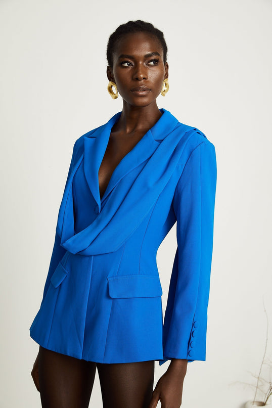Flora Blue Jacket with Scarf Detail and Notched Lapels