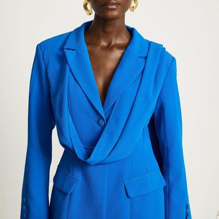 Flora Blue Jacket with Scarf Detail and Notched Lapels