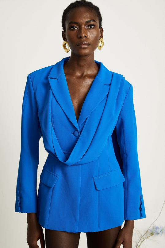 Flora Blue Jacket with Scarf Detail and Notched Lapels