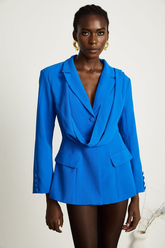 Flora Blue Jacket with Scarf Detail and Notched Lapels