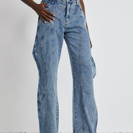 Flora Blue High Waisted Asymmetric Wide Leg Cotton Jeans