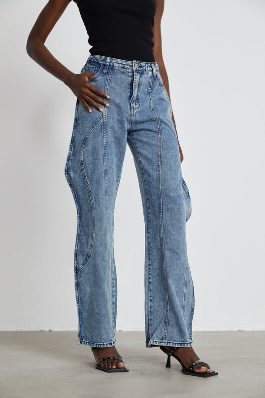 Flora Blue High Waisted Asymmetric Wide Leg Cotton Jeans