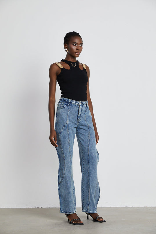 Flora Blue Wide Leg High Waisted Cotton Jeans