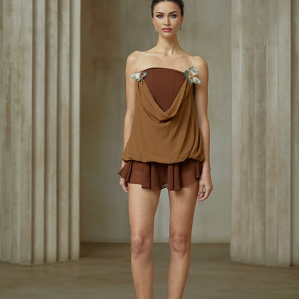 Flora Brown Top Skirt Set Butterfly-pin Terylene Fiber Panelled Design