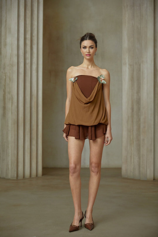 Flora Brown Top Skirt Set Butterfly-pin Terylene Fiber Panelled Design
