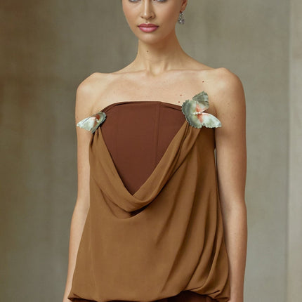 Flora Brown Top Skirt Set Panelled Butterfly-pin Terylene Fiber Pleated Embellishments Sleeveless Thigh-length