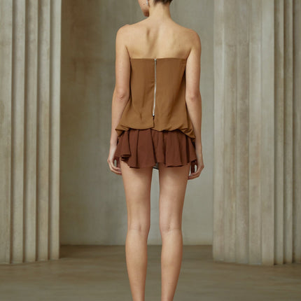 Flora Brown Top Skirt Set Panelled Butterfly-pin Terylene Fiber Sleeveless Thigh-length