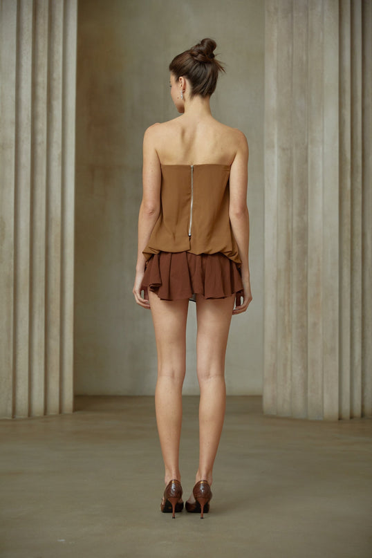 Flora Brown Top Skirt Set Panelled Butterfly-pin Terylene Fiber Sleeveless Thigh-length