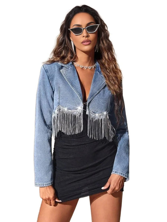 Flora Cropped Denim Jacket with Fringe Design in Blue - XS