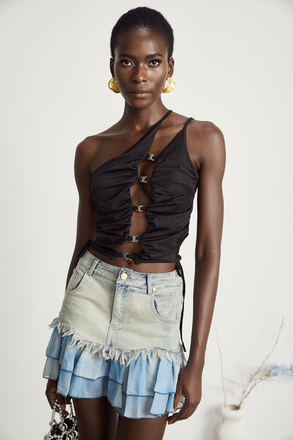 Flora denim fringetrim pleated skirt