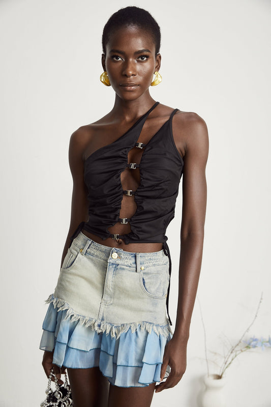 Flora denim fringetrim pleated skirt