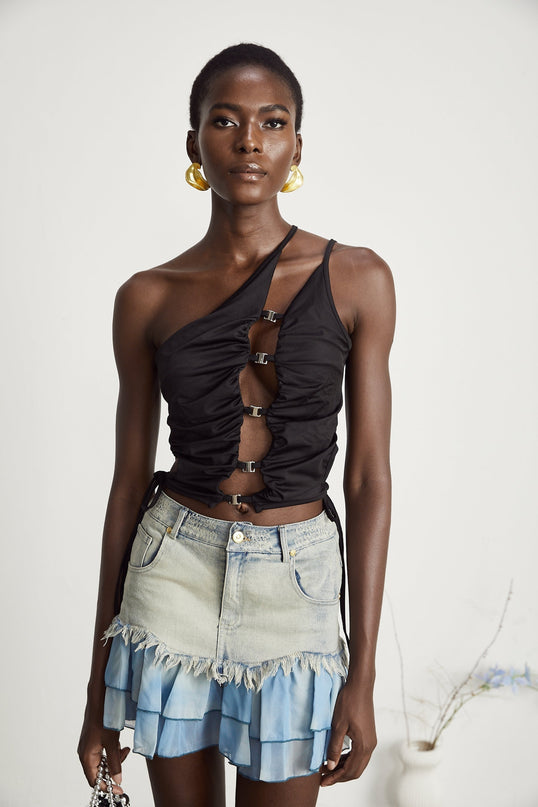 Flora denim fringetrim pleated skirt