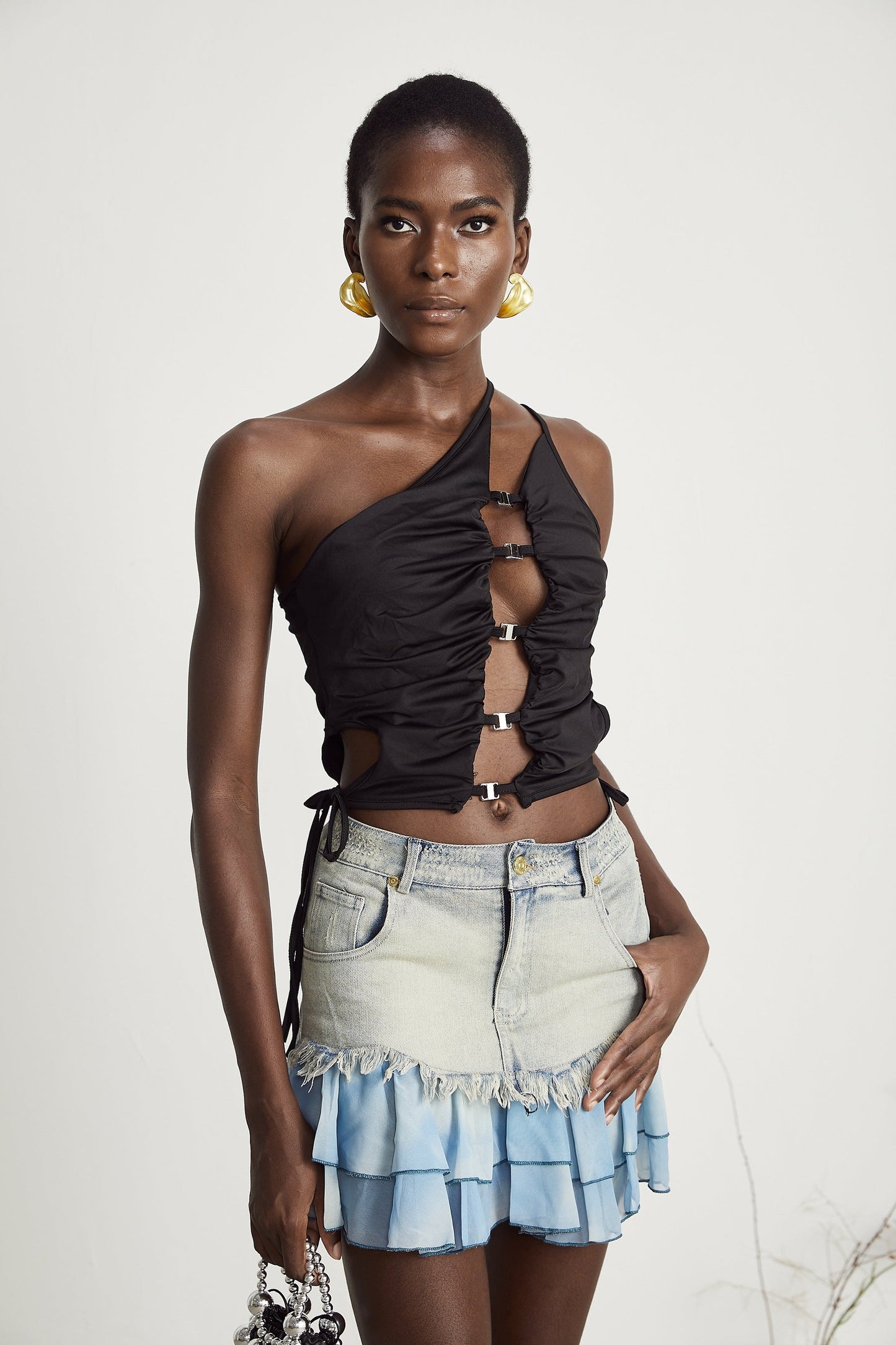 Flora denim fringetrim pleated skirt