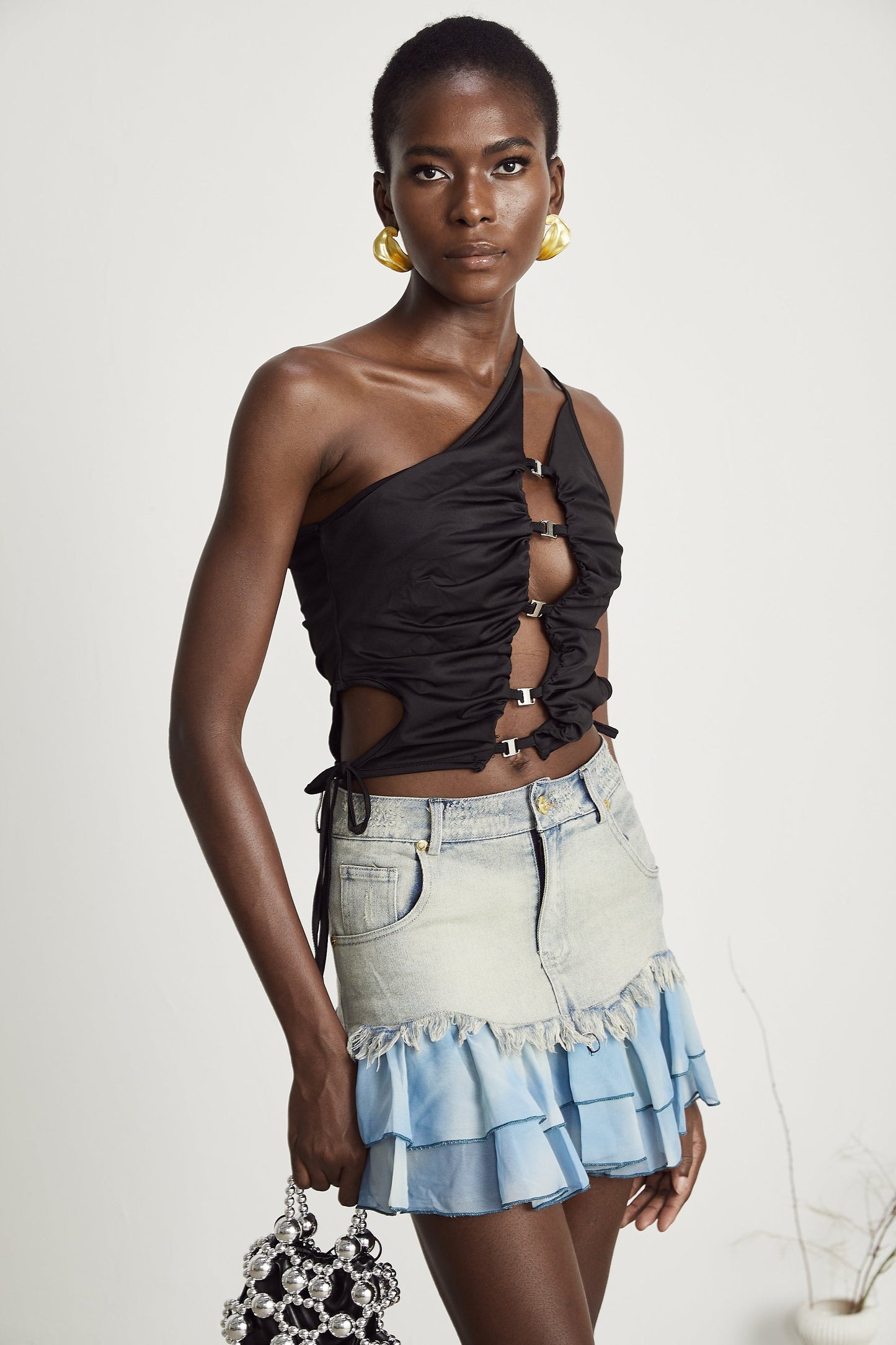 Flora denim fringetrim pleated skirt